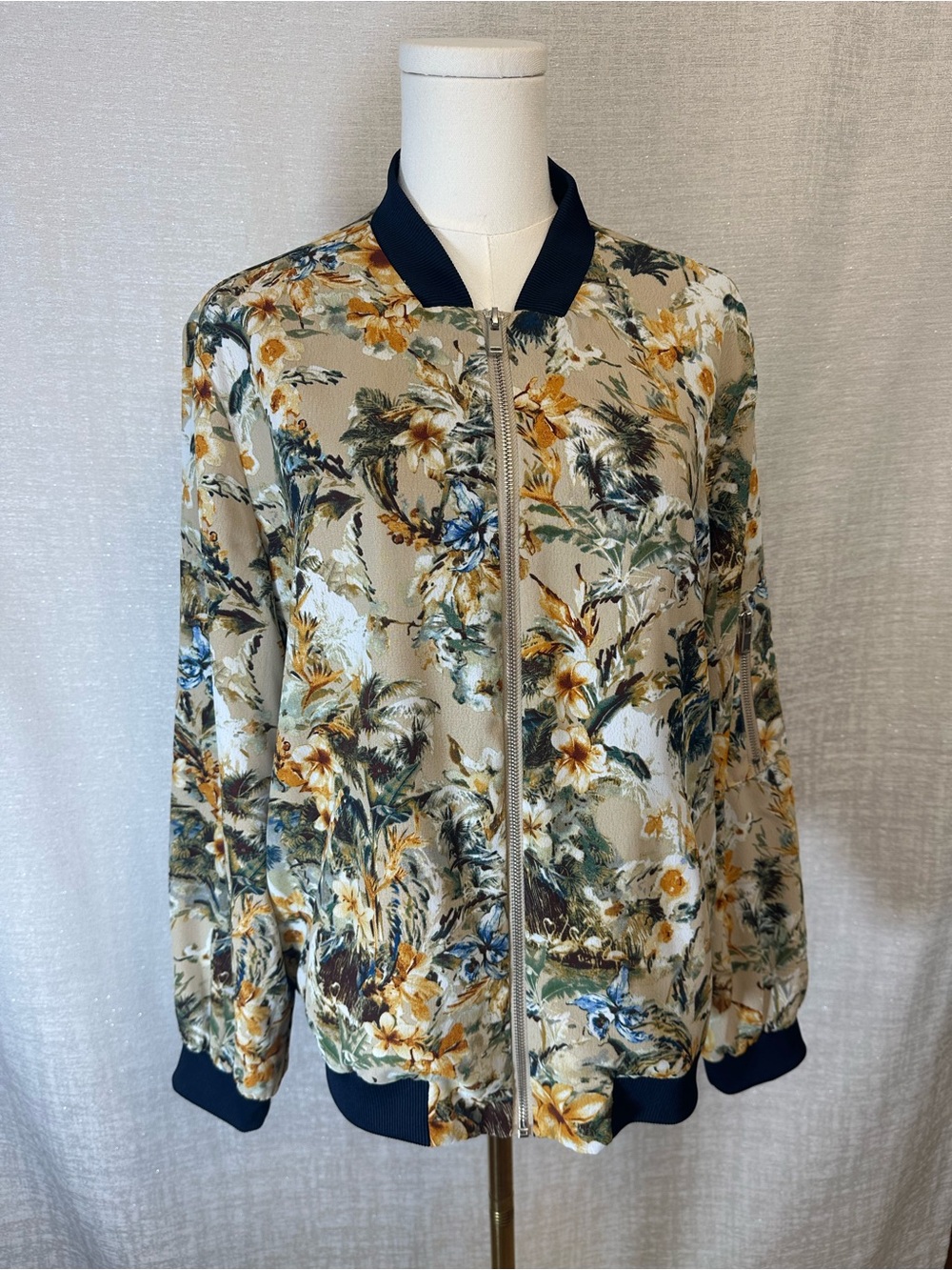Philosophy Floral Bomber Jacket in Beige with Navy Trim